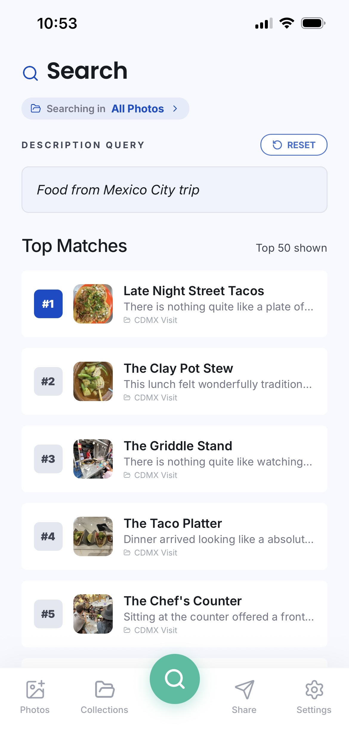 Text search in Iking Lens — the phrase ‘food from my Mexico City trip’ finds photos by the descriptions you've written, ranked by similarity